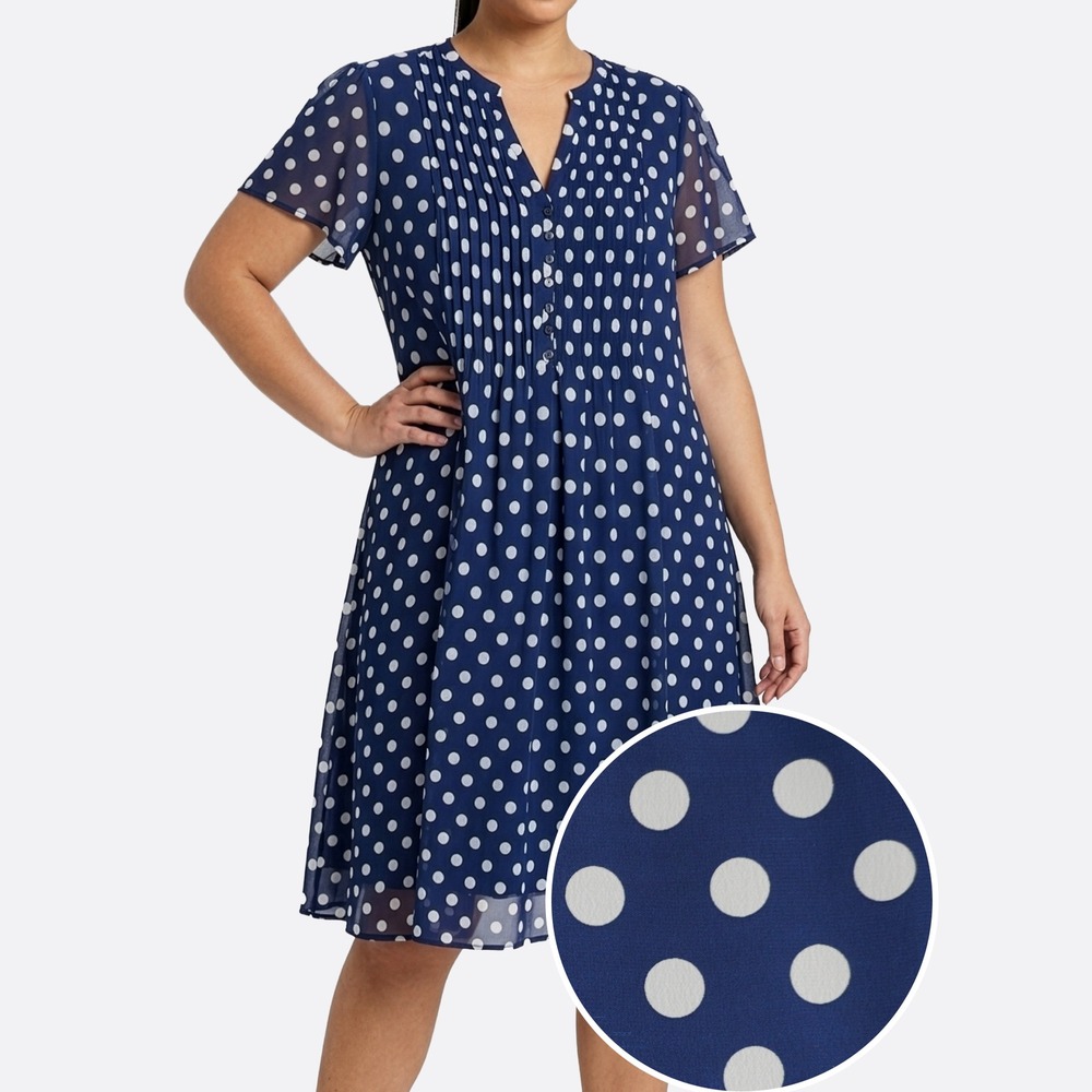 Robert Louis Chiffon Pintuck XL 1X Blue Polka Dot Midi Dress Old Money